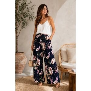 7th Avenue Floral Wide Leg Pants Women's Size 12 Navy High Rise Pull On